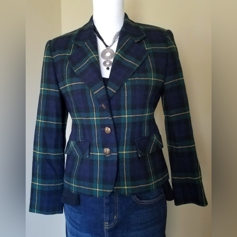 Petite Wool Preppy Navy Blue & Green Plaid Modiano Blazer Vintage